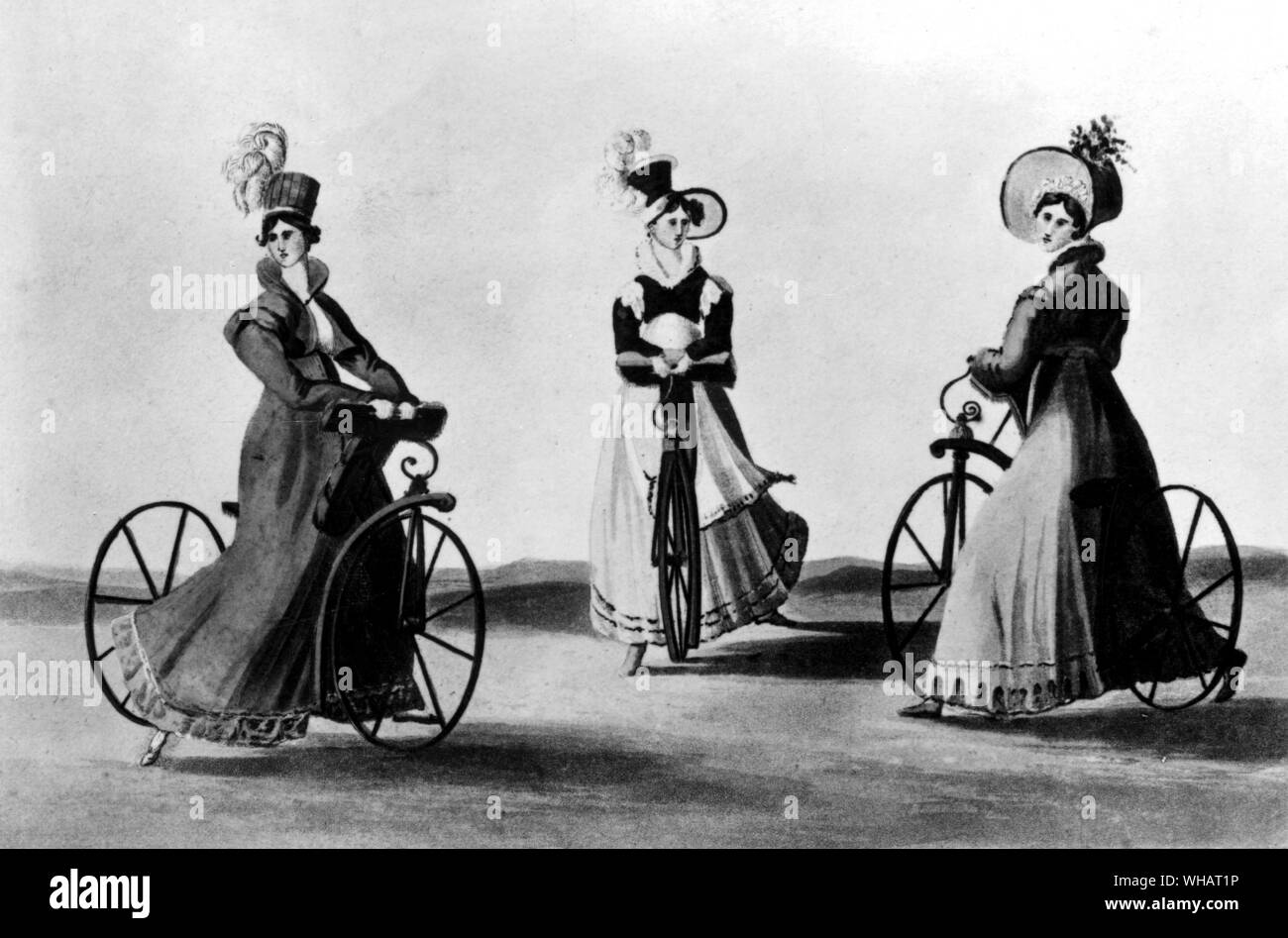 Views of ladies on their pedestrian hobbyhorses. Forerunner of the bicycle 1819 Stock Photo