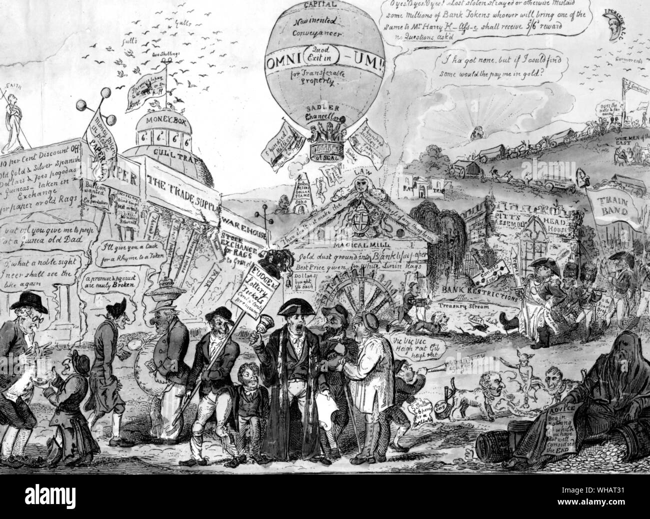 A design for Threadneedle Case. The Land of Promise!. A satire on the various schemes for gulling the public, by the lottery companies etc. and showing the dissatisfaction of the country with the paper currency. Sir William Curtis figures in the throng with other wellknown spectators. by G Cruikshank. Marcj 1811 Stock Photo