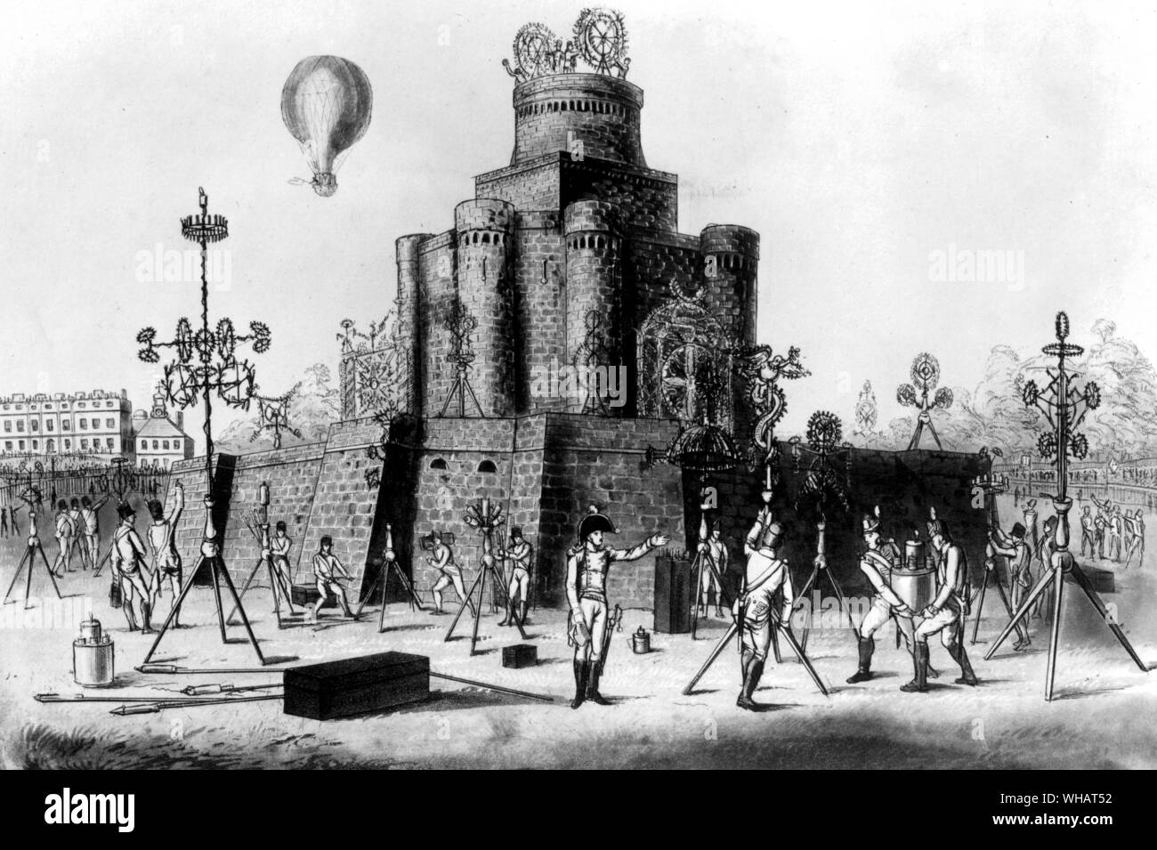 The fortress which enclosed the Grand Pavillion in the Green Park with the ascent of the balloon. London Stock Photo