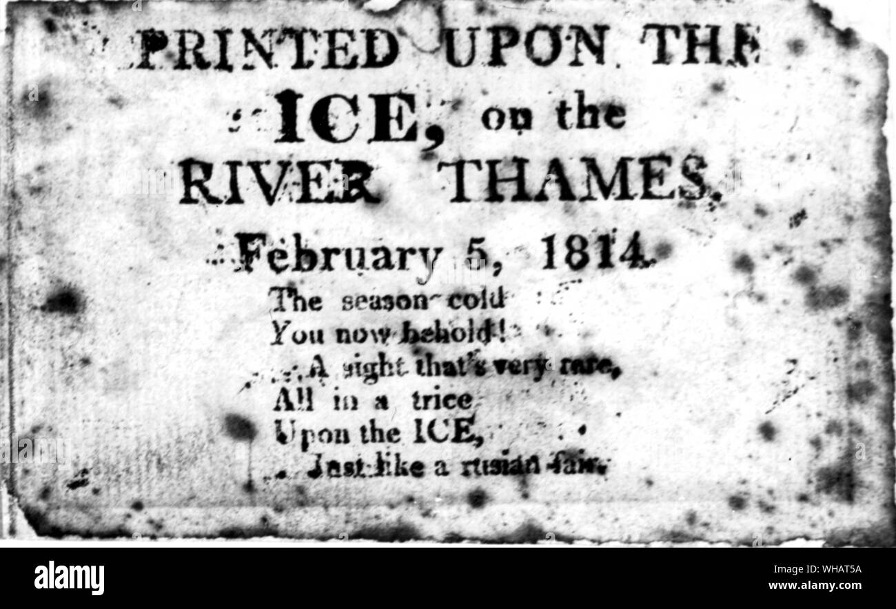 Printed upon the ice, on the river Thames February 5th 1814. The season cold, you now behold! A sight that is very rare, all in a trice, upon the ice, just like a Russian fair.. Stock Photo