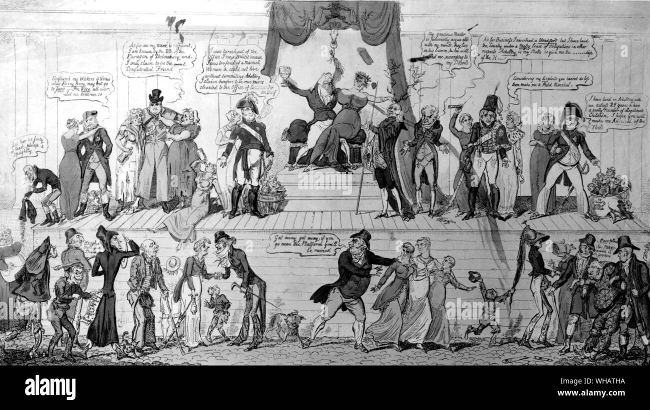 The Court of Love, or an Election in the Island of Borneo 1812. The adaptation of Mr Lawrence's description of the Nairesses of Malabar, representing a scene in Carlton House. The Marchioness of Hertford, enthroned as Queen, is in the act of being pledged in a bumper of Curacoa by the Regent; the royal dukes are assembled around stating their claims for public preferment, while John Bull is seen below driving his daughter away from the scene of immorality. Cruickshank Stock Photo