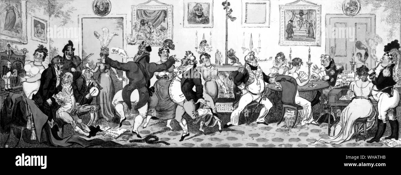 Princely Amusements; or Humours of the Family 1812. Interior of the drawing room at Carlton House, here where the royal brothers and their mistresses are amusing themselves. The Prince of Wales is dancing hands across with his favourite to the tune of Off She Goes alluding to the Princess Caroline, who is leaving the room; another party are gambling at cards while the Duke of Sussex is smoking and listening to his charmer singing. Cruickshank Stock Photo