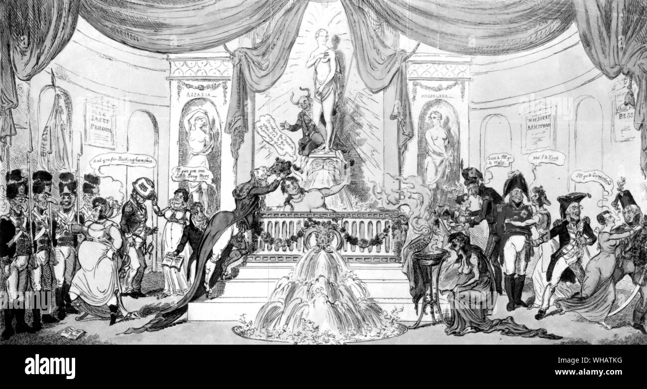 The Coronation of the Empress of the Nairs 1812. The Prince regent crowning the Marchioness of Hertford Empress of the Nairs, while the Earl is seen behind seated beside a statue of Venus, and the Royal dukes are assembled around their mistresses. The Princess Charlotte is caught a glimpse of in the right hand corner flying to the arms of the Prince of Orange who is dressed as an officer of Hussars Stock Photo