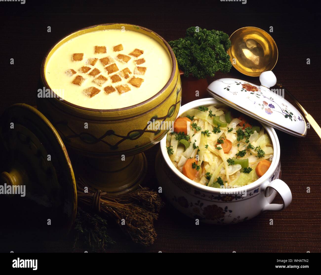 International Cooking . Left Cabbage Soup. Shchi, USSR.. Right. Pumpkin Soup. Antigua. Stock Photo