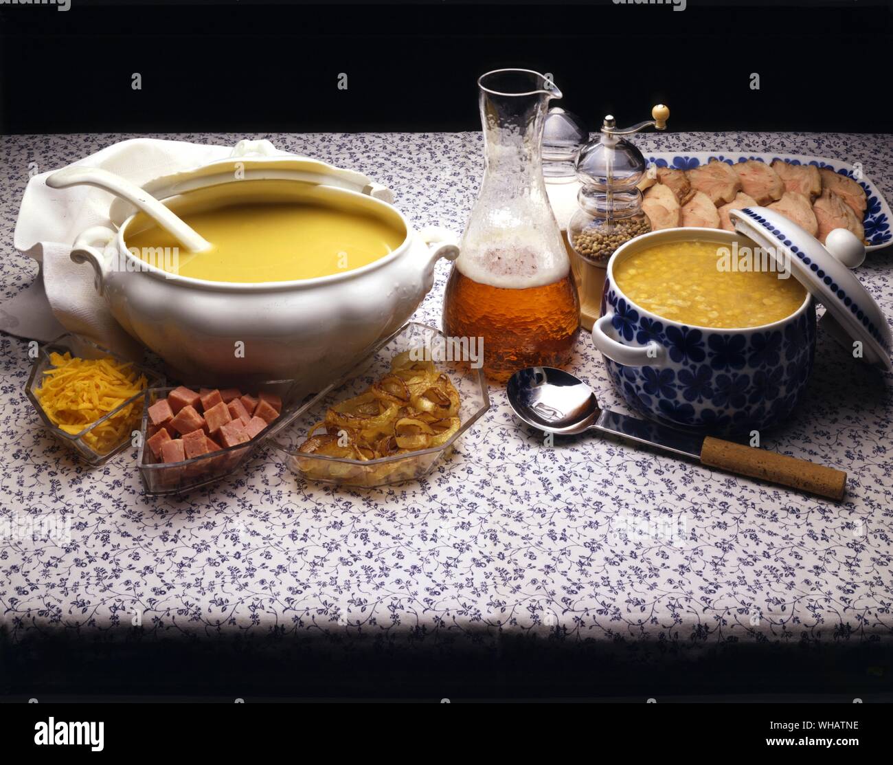 International Cooking . Left to right. Lentil Soup. Britan.. . Yellow-Pea Soup.. Arter Med Flask, Sweden. Stock Photo