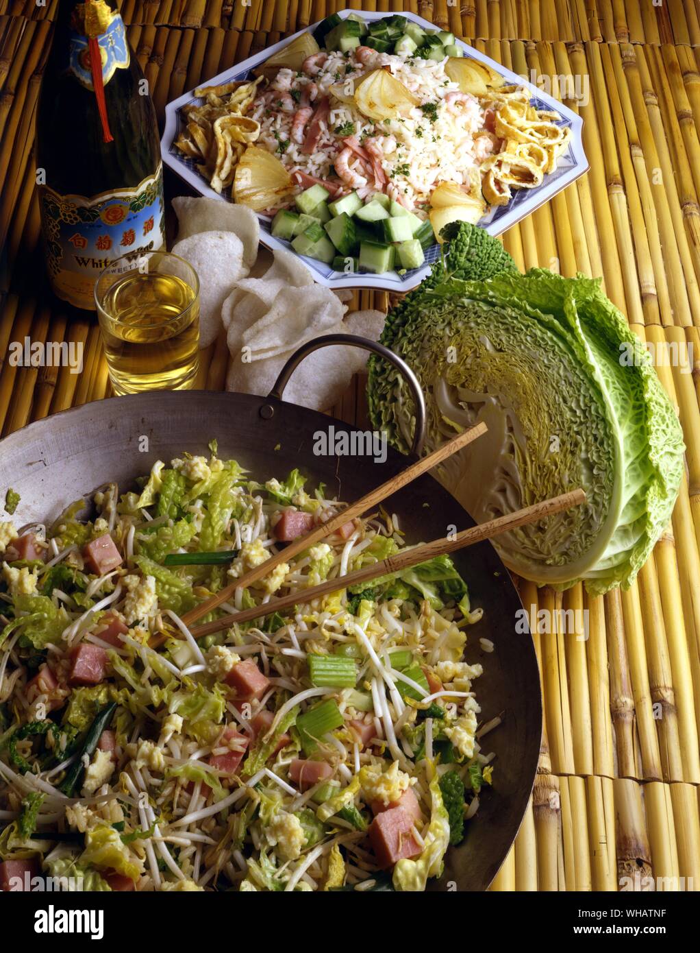 International Cooking . Top, Fried Rice.. Nasi Goreng, Indonesia and Holland.. Bottom, Chinese Fried Rice.. chow Fan, China. Stock Photo