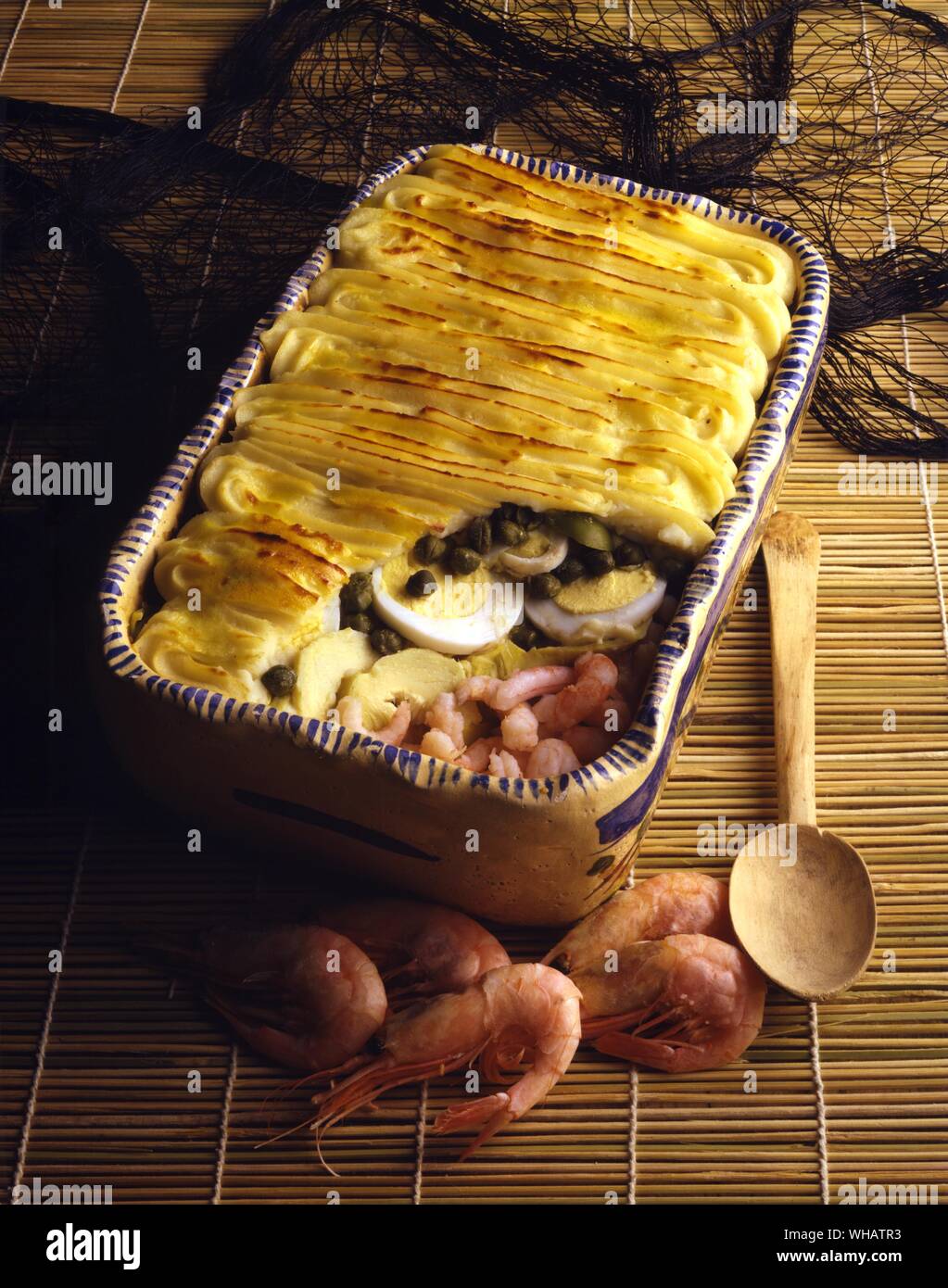 International Cooking . Prawn pie With Mashed Potatoes Crust.. Torta De Camardo, Brazil Stock Photo