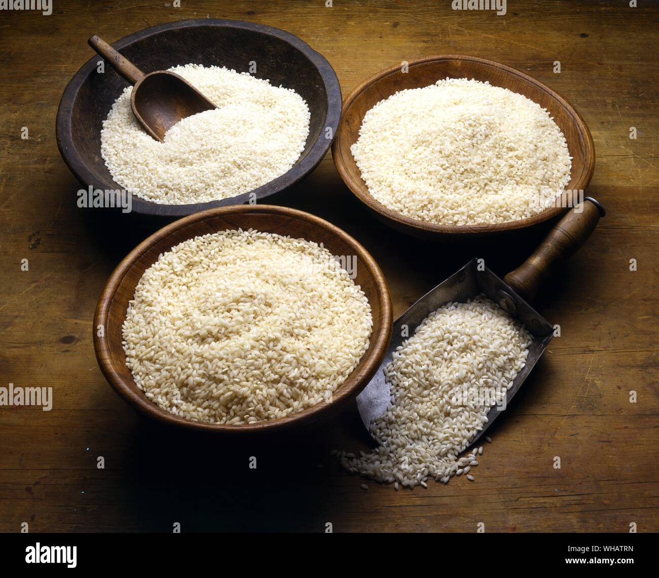 Italian Cooking . Rice.. Comune Originario, Semifino, Fino, Arboria. Stock Photo