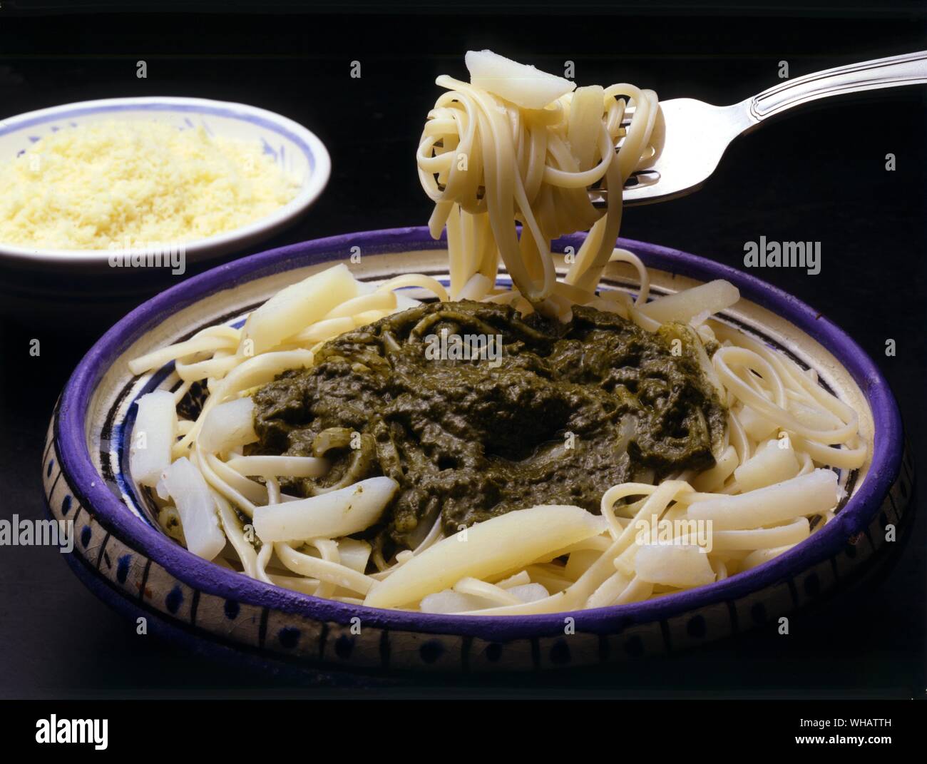 Italian Cooking . Trebette Al Pesto.. Noodles With Pesto Sauce. Stock Photo
