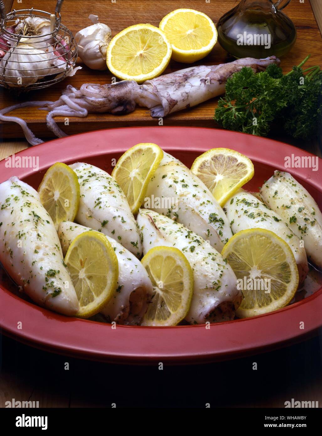 Italian Cooking By Robin Howe. . Calamari Farciti.. Stuffed Squid. Stock Photo