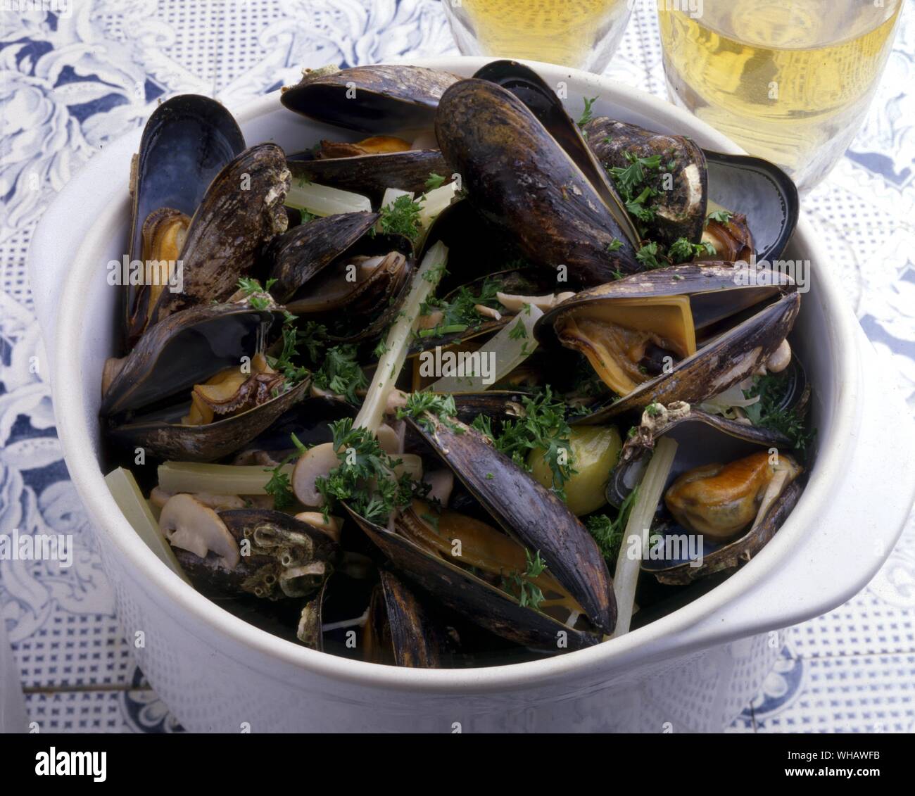 French Recipes . . Moules Bonne Femme.. Mussels With Mushrooms. Stock Photo