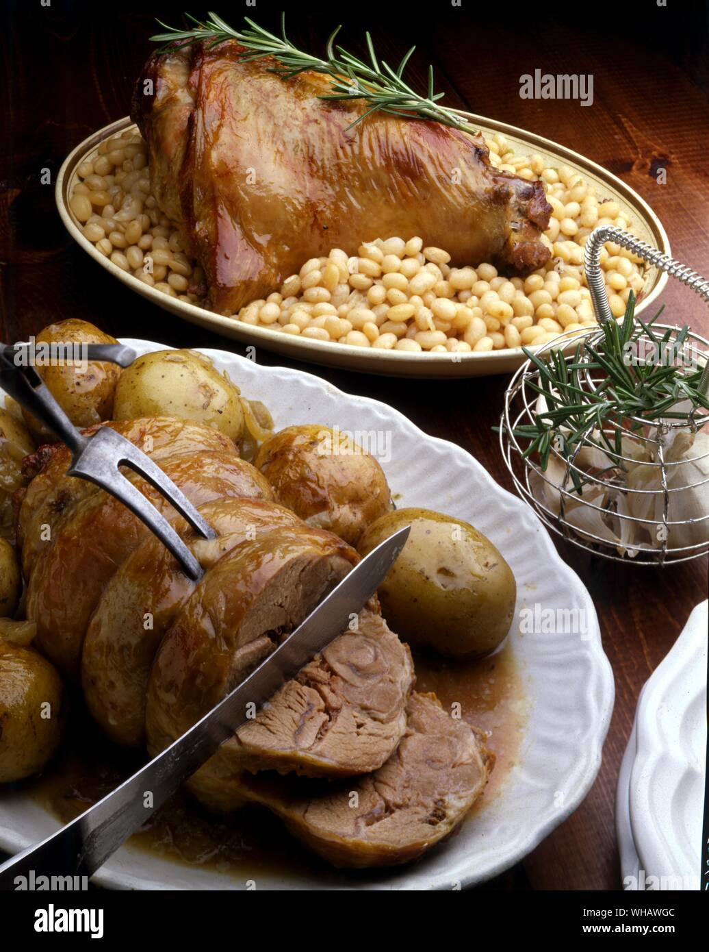 French Recipes . . Top.. Gigot Aux Haricots.. Leg of Mutton With Haricot Beans. Stock Photo