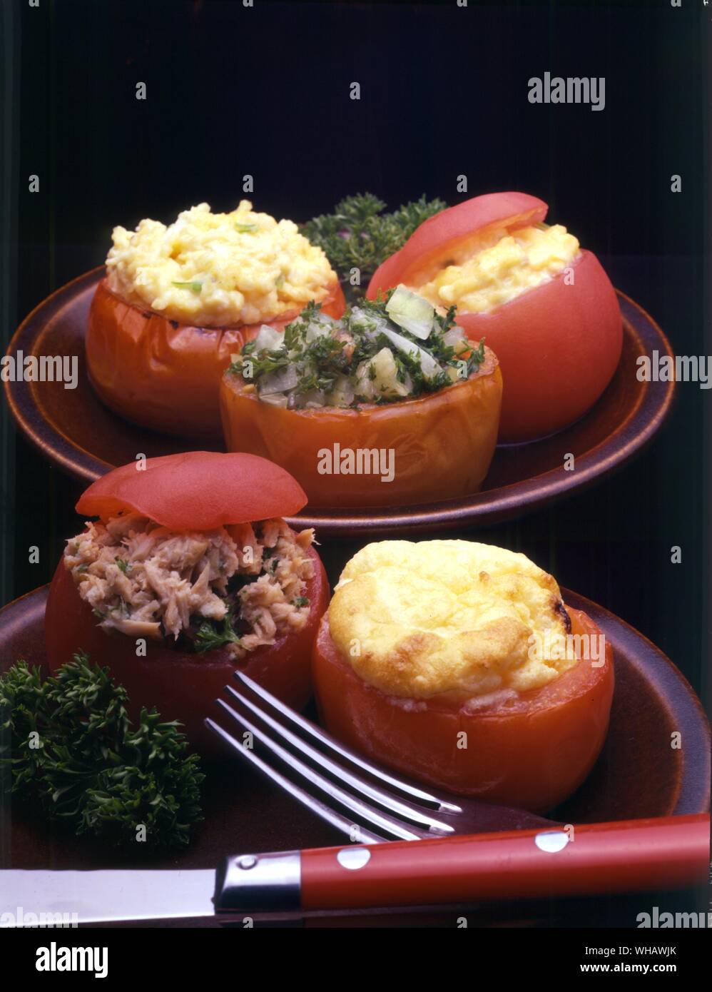 French Cooking By Eileen Reece.. . Tomato Farcies.. Hot Or Cold Stuffed Tomatoes.. Eggs, Spinach And Tuna Fish.. . Foreground.. Petits Souffles Aux Tomates.. Souffles In Tomato Cases.. . Stock Photo