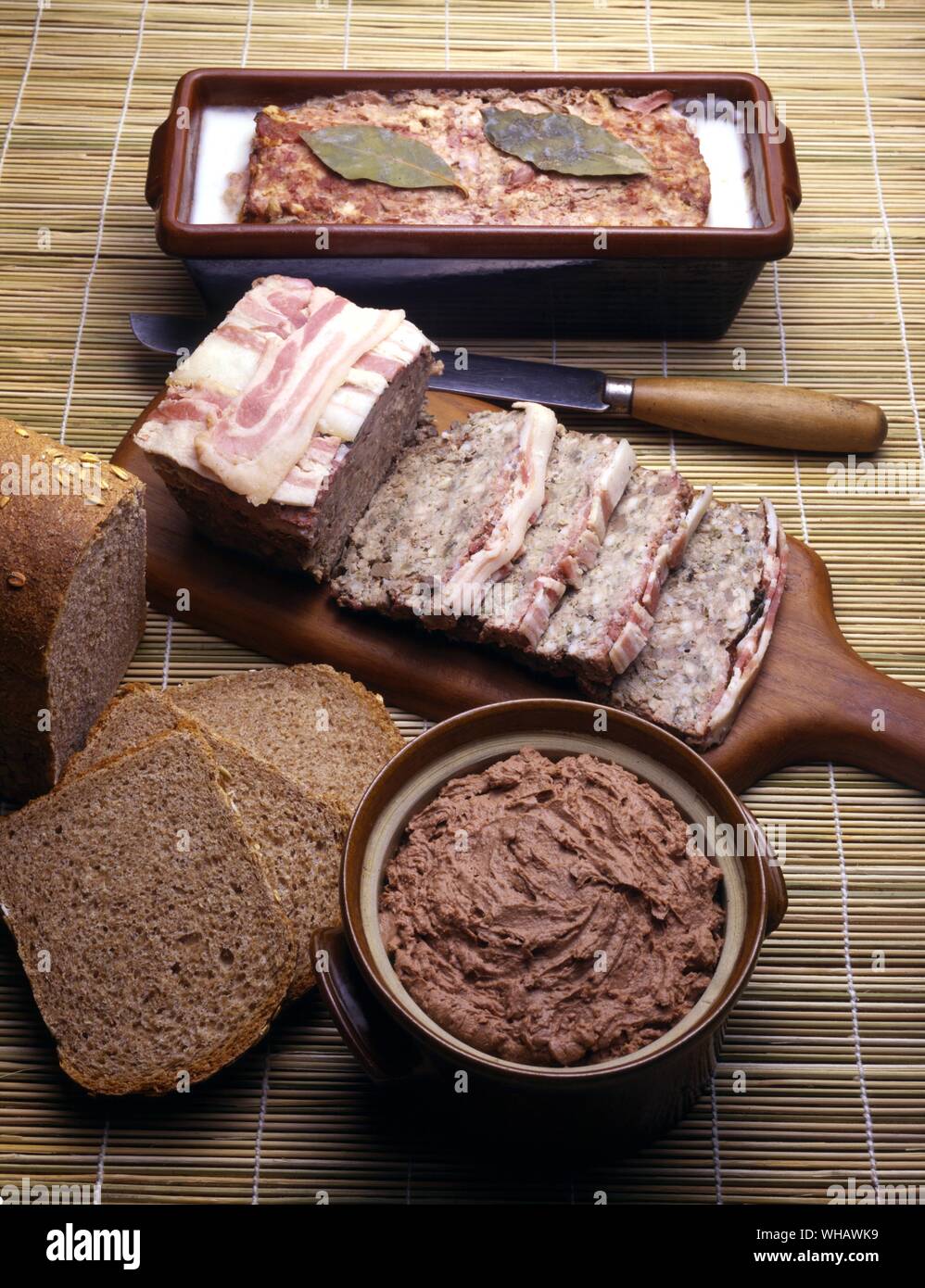 French Cooking By Eileen Reece.. . Top To Bottom.. Pate De Canard.. Duck Pate.. . Pate De Campagne.. Pork Pate.. . Foie De Volaille En Pate.. Chicken Liver Pate. Stock Photo