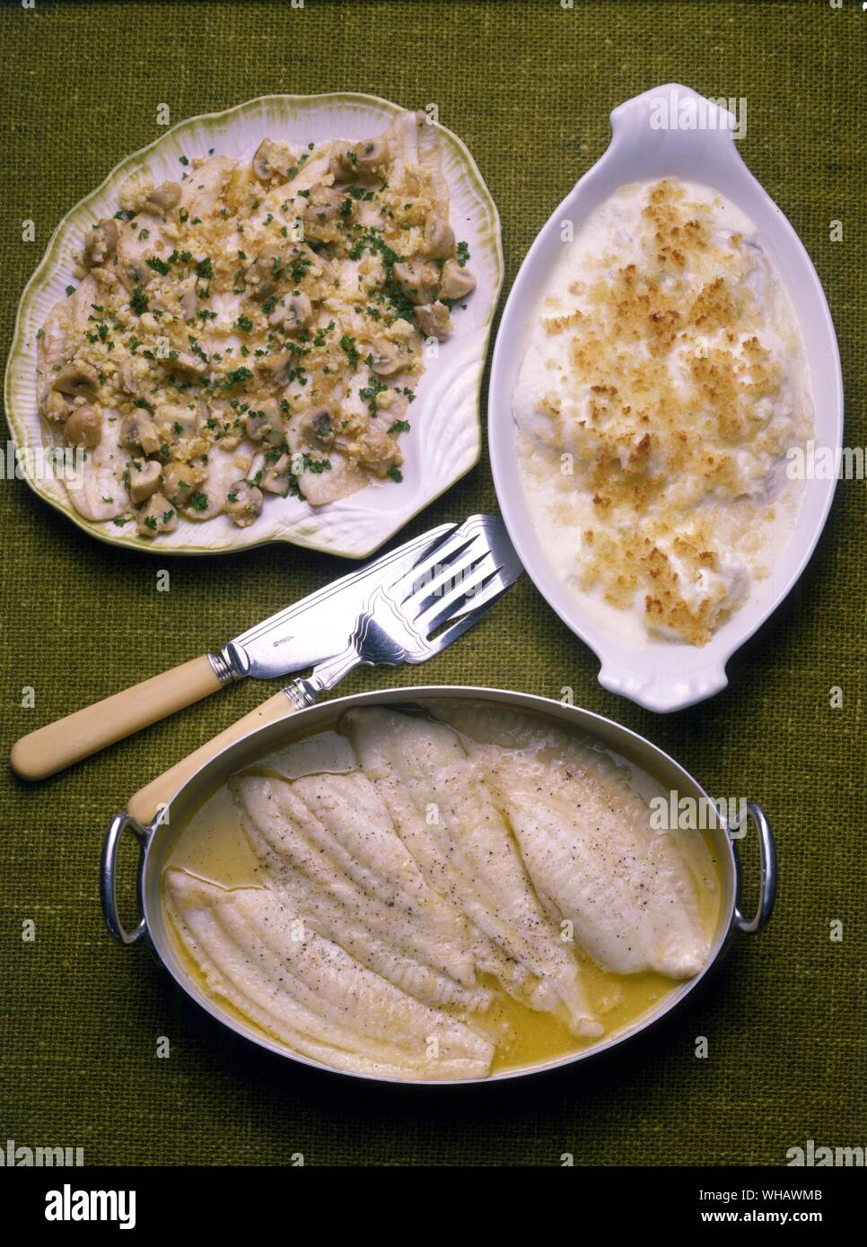 filets de sole nelly. . filets de sole au gratin. fillets of sole with white wine sauce. . filers de sole a l'estragon. fillets of sole with tarragon Stock Photo