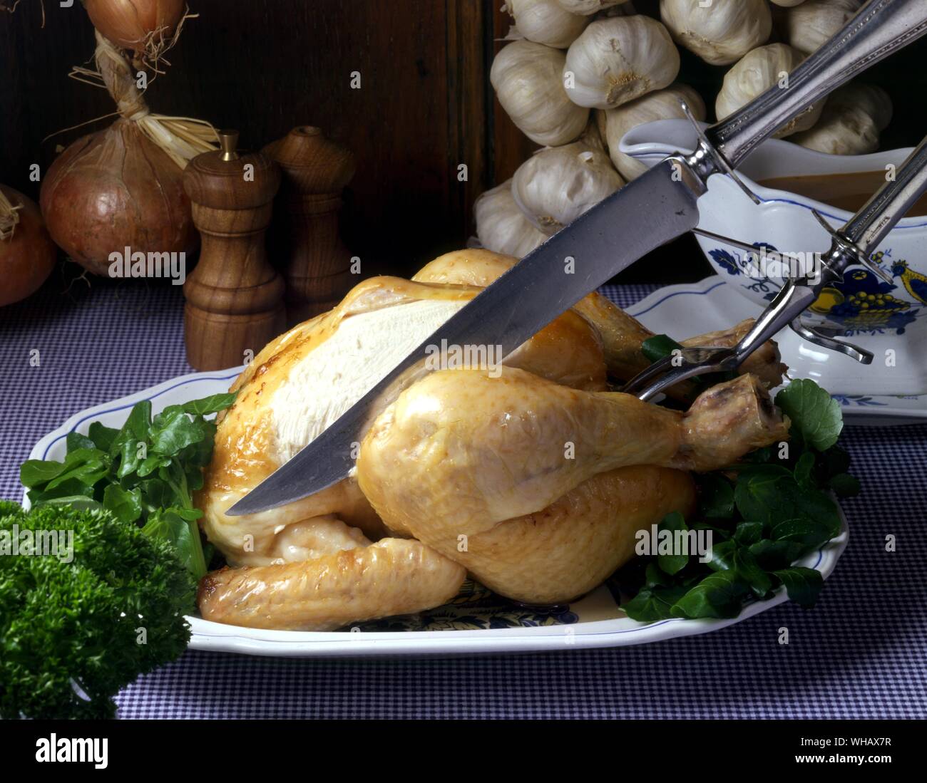 Roast Chicken with Garlic Stock Photo - Alamy
