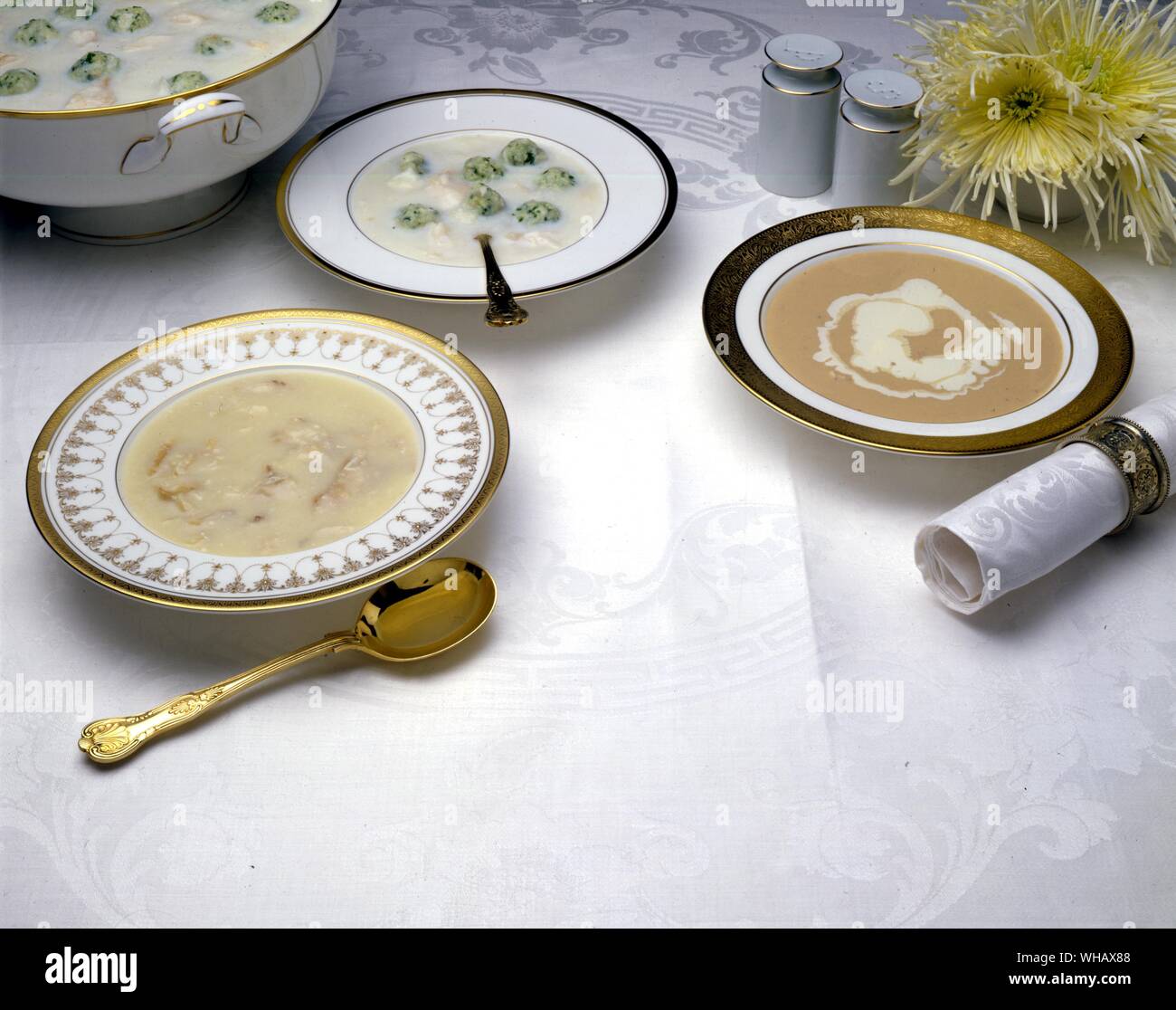 Cullen Skink. White Fish Soup with Green Fishballs Stock Photo