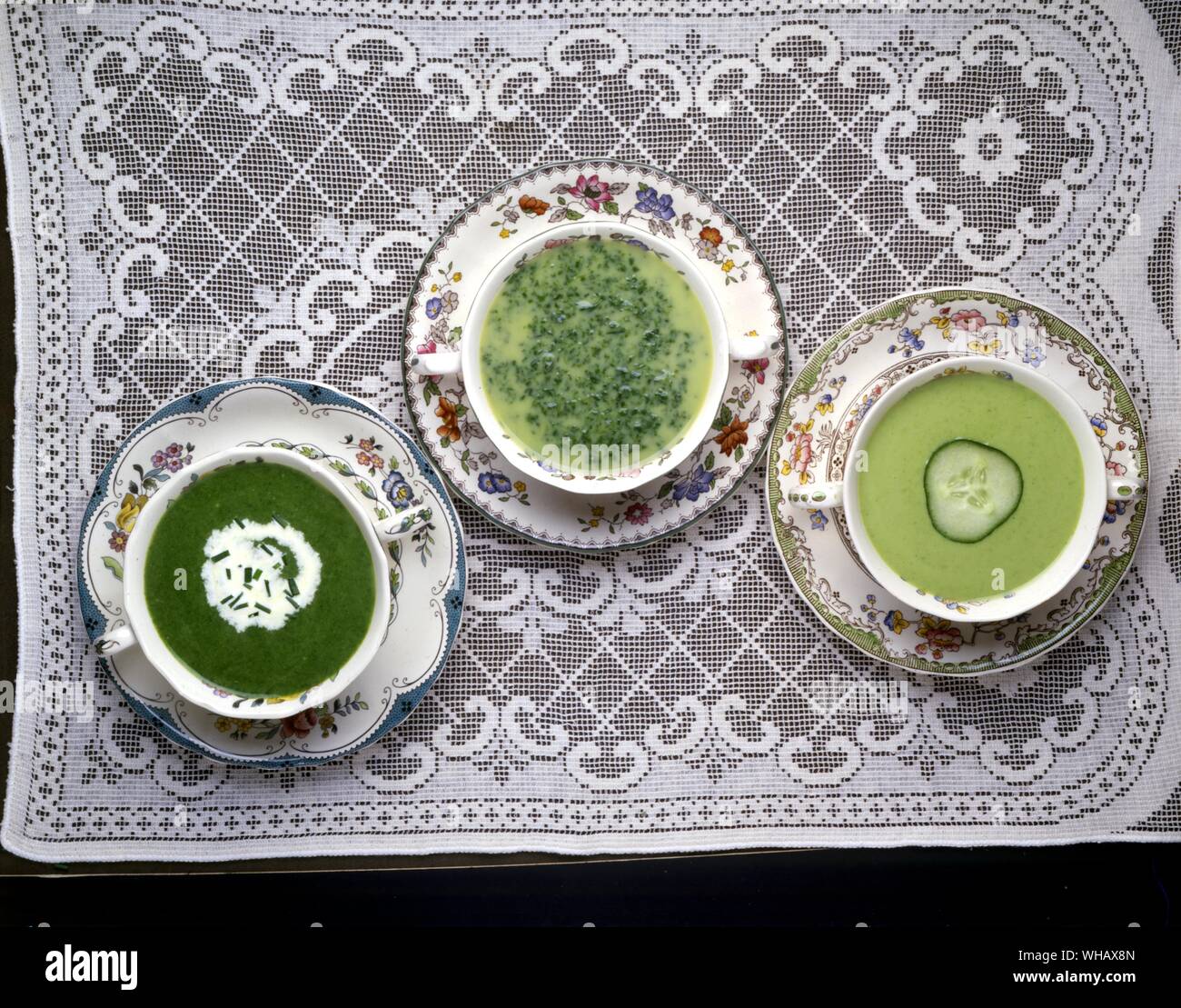 Spinach Soup. Green Spring Soup. Fresh Green Pea and Cucumber Soup Stock Photo