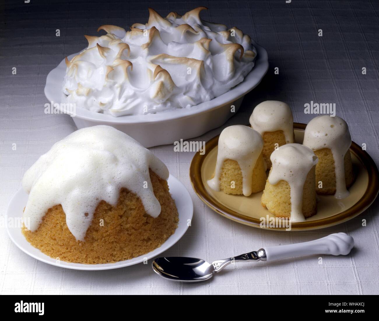 Queen of Puddings. Canary Pudding with Lemon Sauce. Castle Puddings Stock Photo