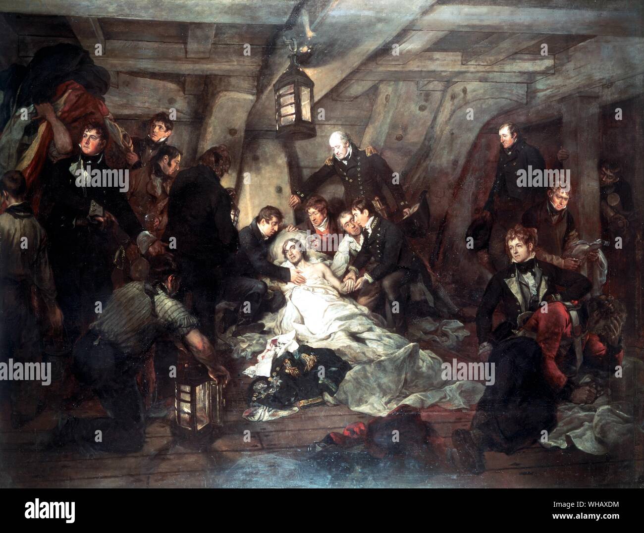 Nelson's last moments below deck, painted by Arthur Devis. Stock Photo
