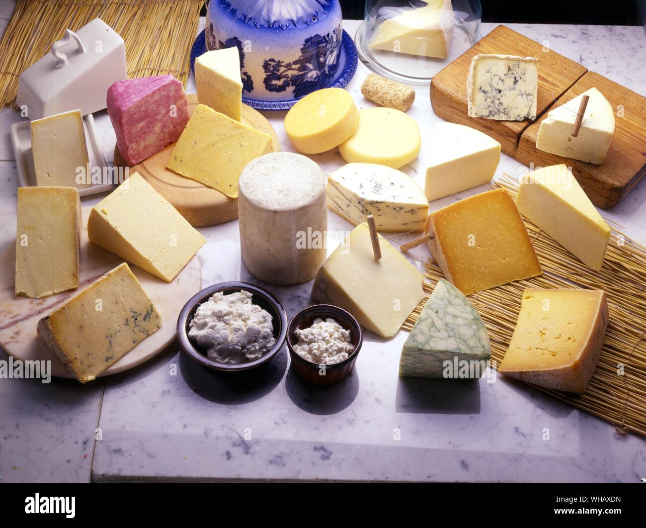 cheeses. caerphilly and cheese. red white and blue cheshire. cream and curd cheese. derby and sage derby. double gloucester. lancashire. leicester. stilton and white stilton. white and blue wensleydale. caboc. orkney and caithness. cotswold chive. ilchester. red windsor. Stock Photo