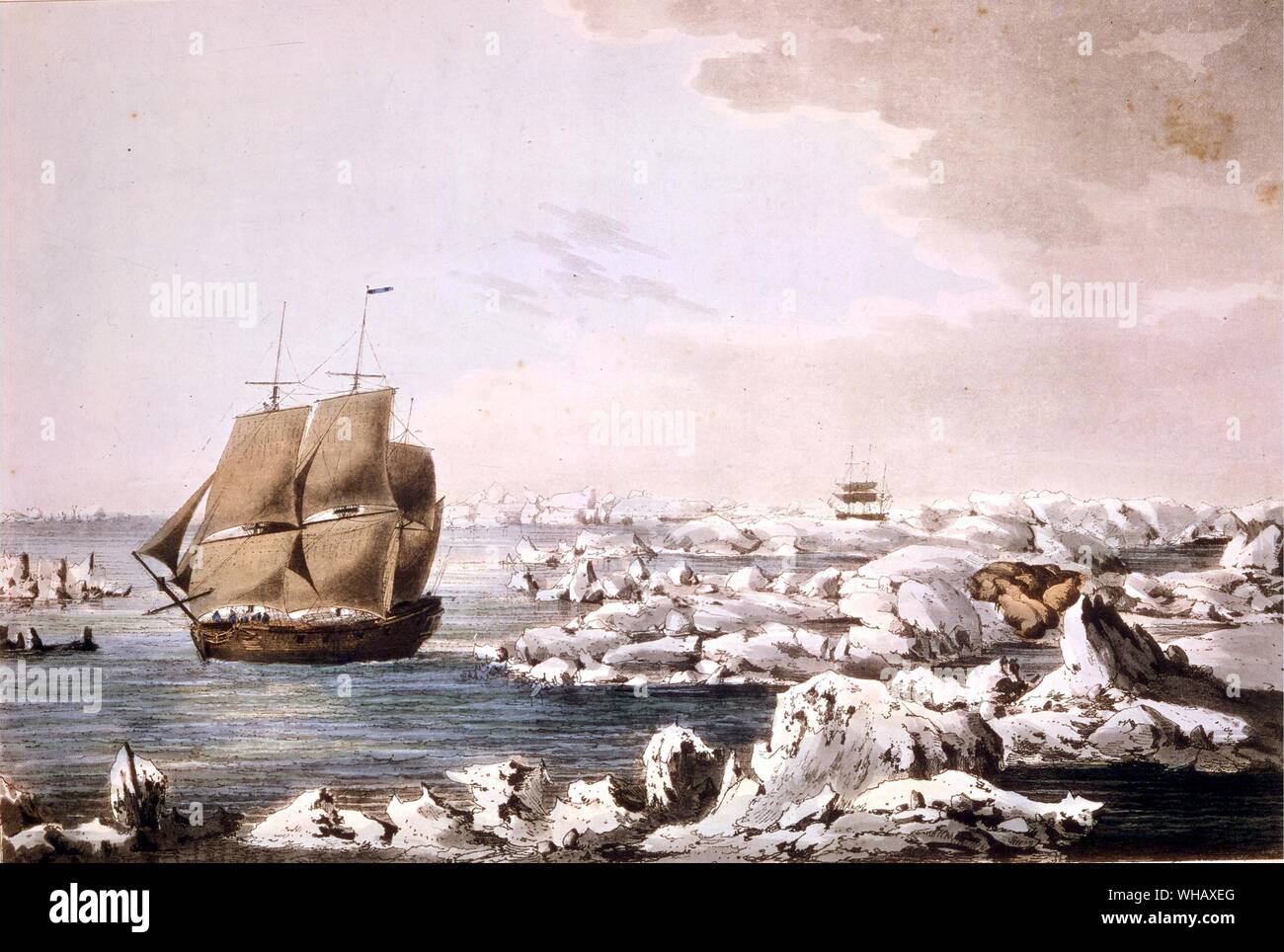 Detail of The Resolution beating through the ice, with The Discovery in the most imminent danger in the distance by John Webber, (1752-1793). Antarctica: The Last Continent by Ian Cameron, page 38.. The Resolution was responsible for some remarkable feats and was to prove one of the great ships of history. She was the first ship to cross the Antarctic Circle (17 January 1773) and crossed twice more on the voyage. The third crossing on 3 February 1774, was the deepest penetration. As a consequence the Resolution was instrumental in proving Dalrymple's Terra Australis Incognita (Southern Stock Photo