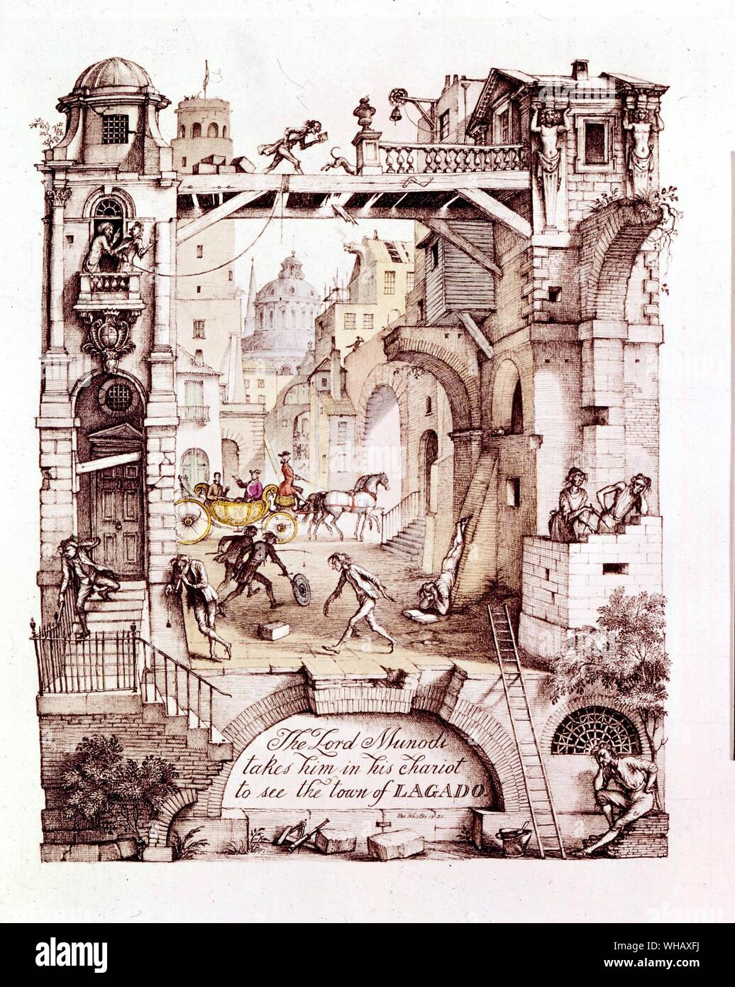 Gulliver's Travels 1931 edition, illustrated by Rex Whistler (1905 -1944); with a foreword by Alan Charles Laurence Whistler ( 1912-2000) (always referred to as Laurence Whistler).. Gulliver's Travels (1726, amended 1735) is a work of fiction by Jonathan Swift (1667-1745) that is both a satire on human nature and a parody of the travellers' tales literary sub-genre. Swift's masterpiece, it is his most celebrated work and one of the indisputable classics of the English language.. Stock Photo