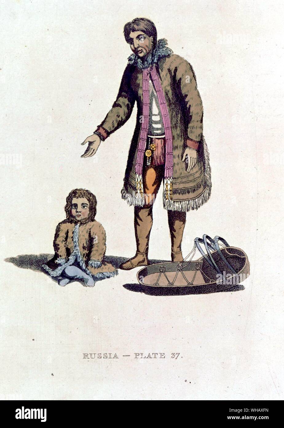 Samoyed woman with baby and cradle 1814. The Nenets people are an indigenous people in Russia. Nenetses are of Samoyedic peoples and related to Enets people, Selkup people and Nganasan people. The Oriental Adventure by Timothy Severin, page 45. Stock Photo