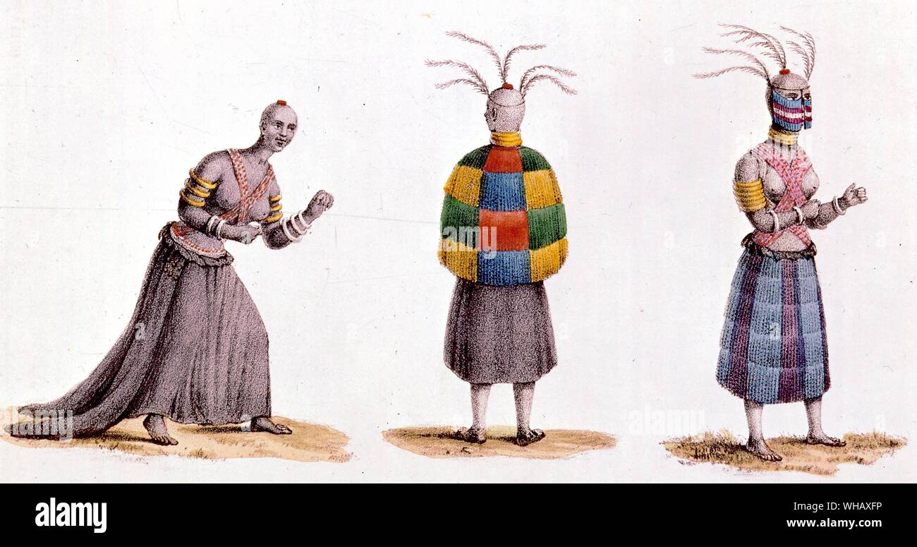 Dancing dress of King's Women and Zulu Woman of Rank. The Zulu Kingdom played a major role in South African History during the 19th century. The African Adventure - A History of Africa's Explorers by Timothy Severin, page 150. Also, Narrative of a journey to the Zoolu Country by A F Gardiner, page 46. Stock Photo