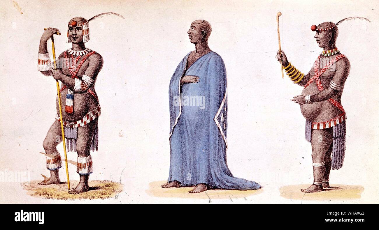 Dingaan (Dingane) in his ordinary dancing dress. Dingane kaSenzangakhona (ca.1795-1840) was a Zulu chief who became king in 1828. He came to power after assassinating his half-brother Shaka with the help of another brother, Umthlangana, as well as Shaka's advisor Mbopa. The Zulu Kingdom played a major role in South African history during the 19th century. . Dingiswayo Stock Photo