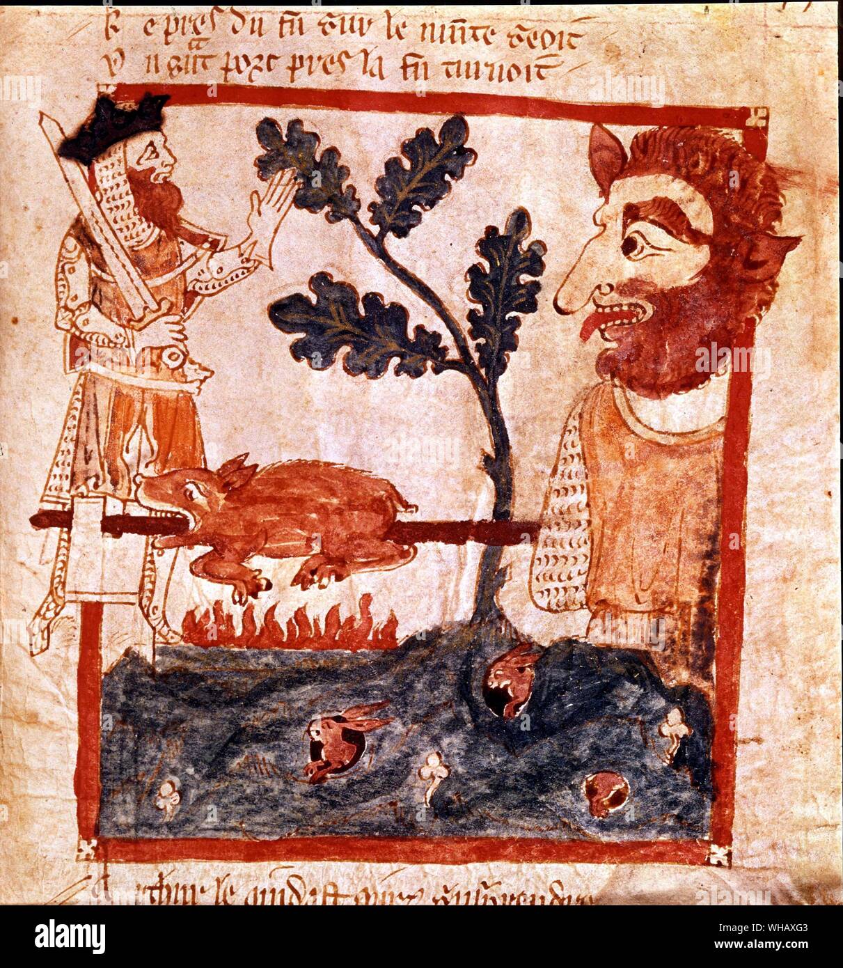 King Arthur meets the giant on Mount St Michael roasting a pig on a spit. 13th Century. Stock Photo
