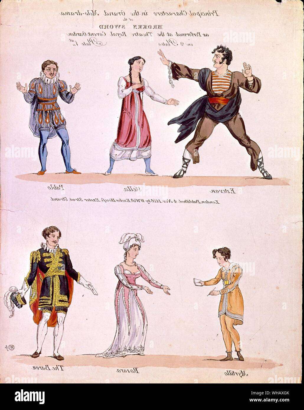 Toy theatre characters for the Broken Sword by W Dimond. The Prince of Pleasure page 164. Stock Photo