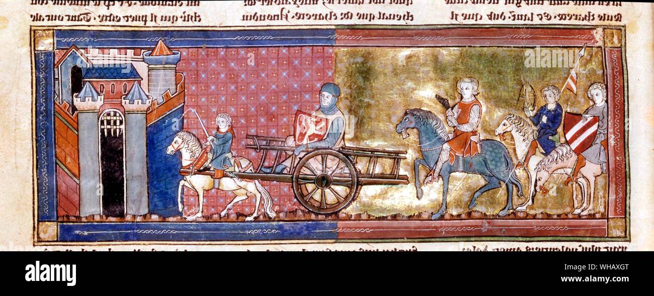 Lancelot in a cart drawn by a dwarf 1300-25. The Blue Nile by Alan Moorhead, page 305. Manuscript 805.. In the Arthurian legend, Sir Lancelot is one of the Knights of the Round Table. In most of the French prose romances and works dependent on them he is characterized as the greatest and most trusted of Arthur's knights, and plays a part in many of Arthur's victories. Arthur's eventual downfall however, is also brought about in part by Lancelot, whose affair with Arthur's wife Guinevere destroys the unity of Arthur's court. Stock Photo