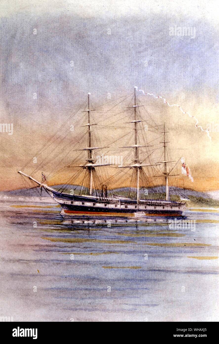 The Challenger at sea. . The fifth HMS Challenger (launched 1858) was a steam assisted British naval, wooden corvette of 22306 tons. Captain George Nares was in command with 243 officers, scientists and naval crew when she embarked on her 68,890 nautical mile (127,670 km) journey. The Challenger is notable for carrying the first global marine research expedition and is without parallel in the history of scientific research. The vessel was also the first steamship to cross the Antarctic Circle, although this was not the object of the voyage. . Stock Photo