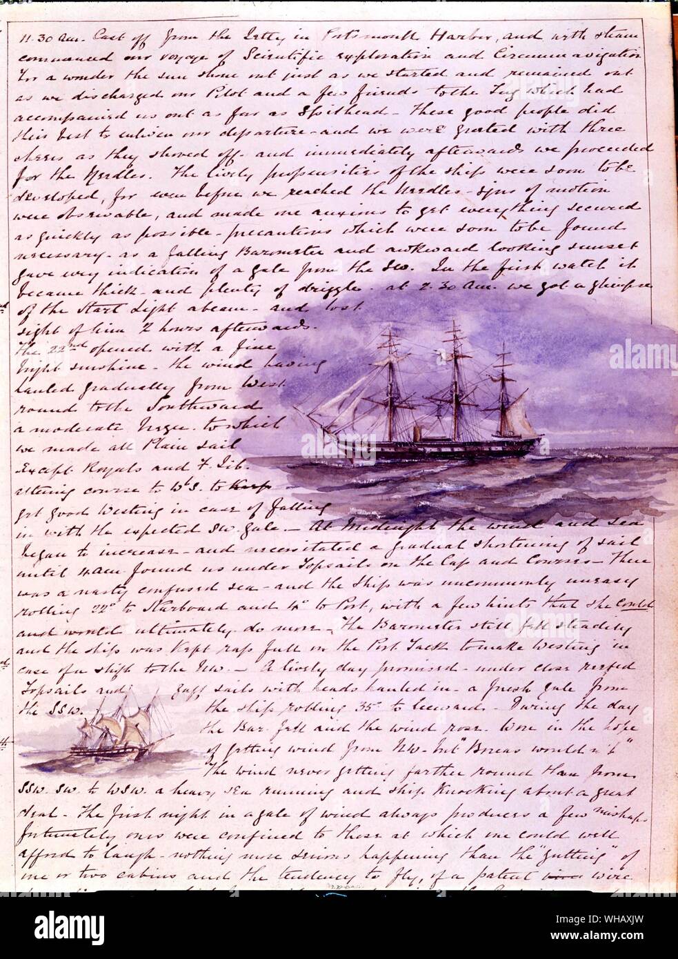 First page of Lieutenant Pelham Aldrich's Journal. The Voyage of The Challenger, by Eric Linklater page 25 and backcover. . Admiral Pelham Aldrich (1844-1930) joined the Royal Navy in 1859 and served on the Challenger Surveying Expedition, 1872-1875. He commanded survey vessels in the China Seas, the Red Sea, the Cape of Good Hope and elsewhere from 1877 to 1891. . The volume is a journal of the scientific research voyage of HMS Challenger from 1872-1875. Illustrated with watercolours and line drawings. Geographical subject headings: 1) ATLANTIC OCEAN. 2) ANTARCTIC. 3) PACIFIC OCEAN.. . Stock Photo