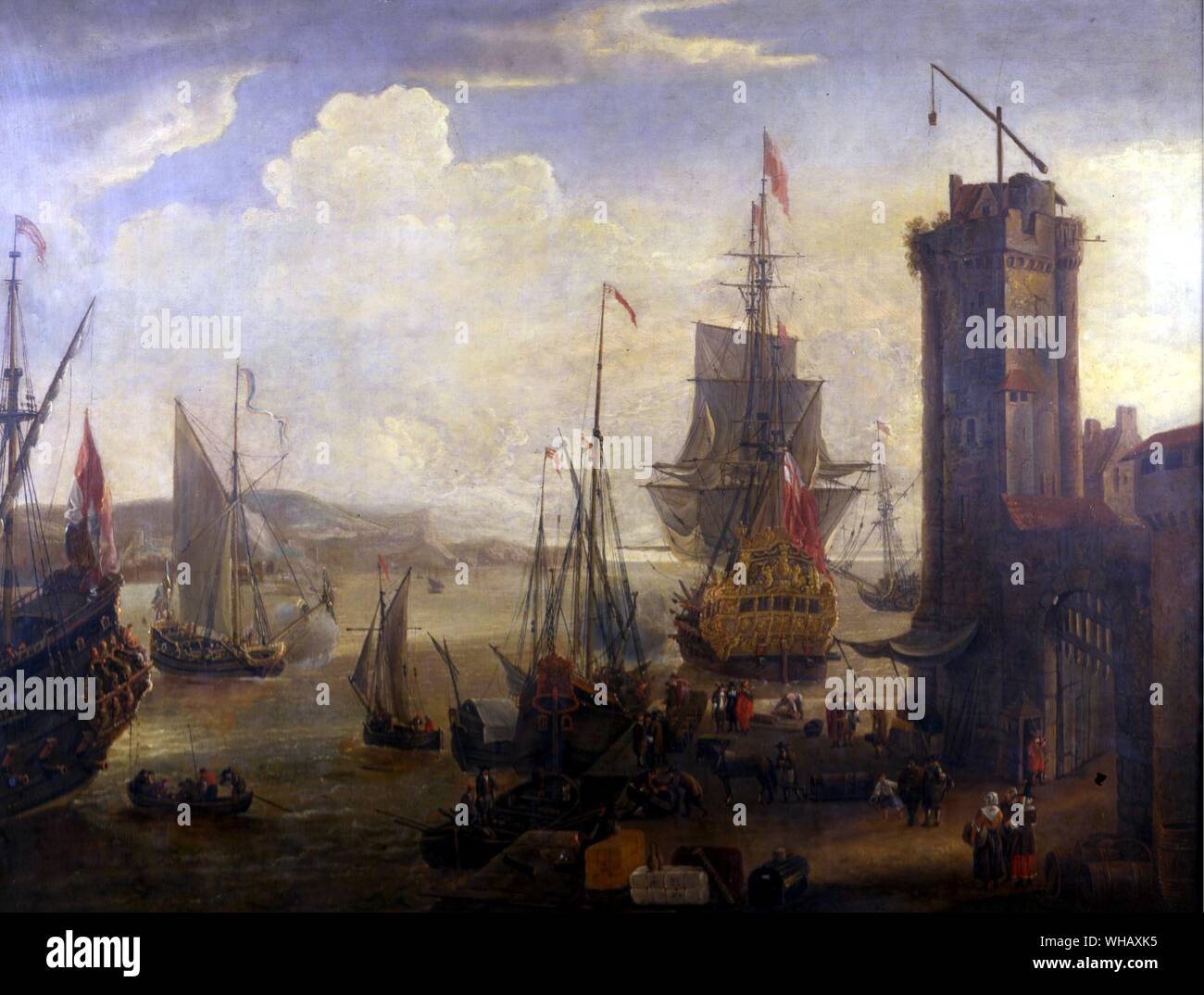 1673 Dock scene at a British Port by Jacob Knyff (1638-1681). National Maritime Museum, Greenwich, London.. English and Dutch ships taking on stores or cargo at a port. Although the port is probably imaginary, it is a sophisticated painting with accurate ships depicted.. . . Stock Photo