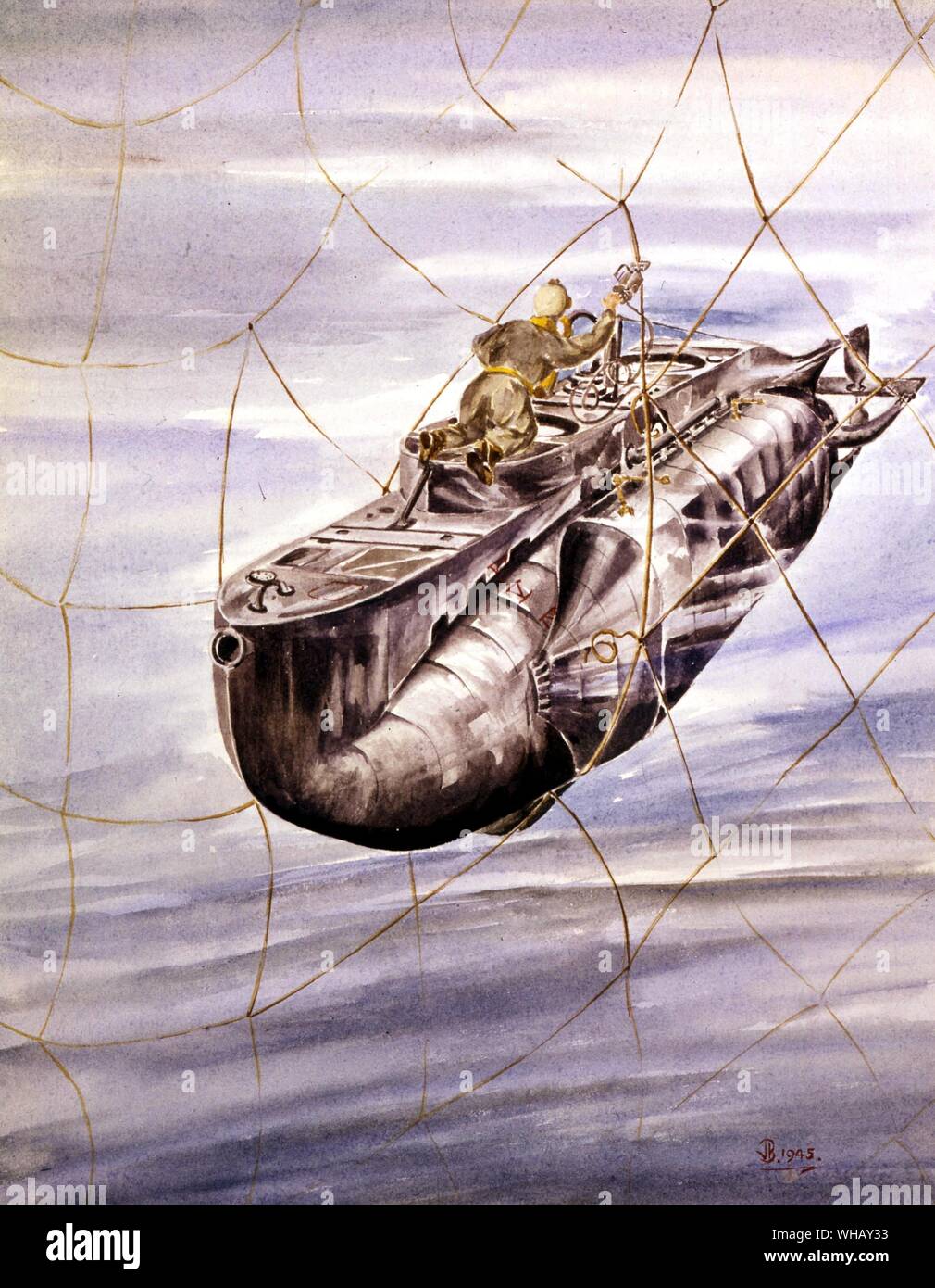 H M Submarine cutting throught anti submarine net. A diver is shown in the casing operating the pneumatic cutter which is about to sever the last strand of wire. Stock Photo