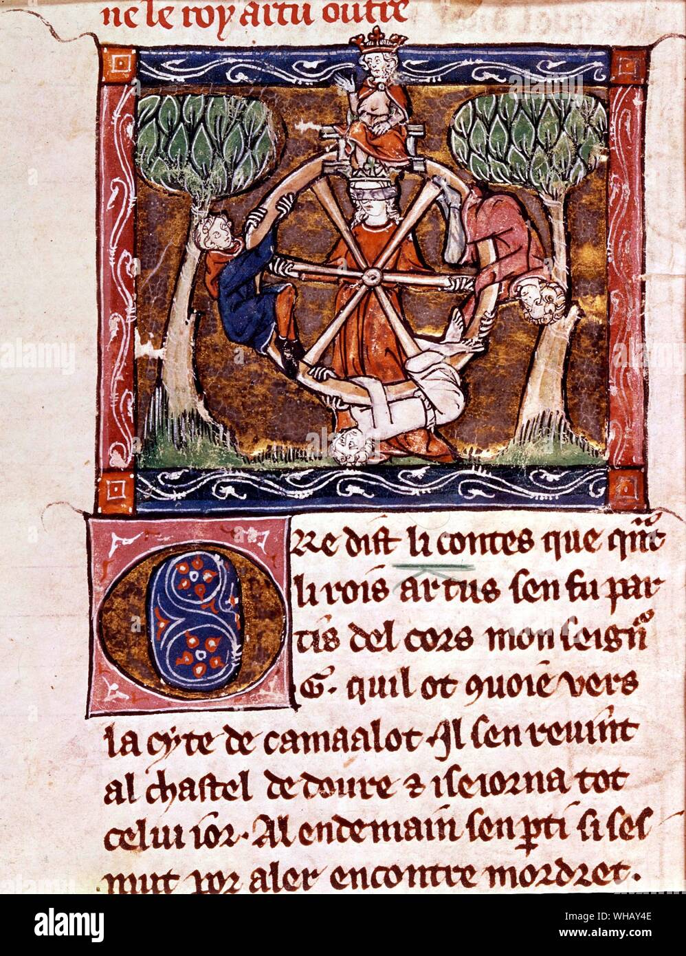 Blind Goddess, fortune of her wheel, with King Arthur enthroned 1316. Stock Photo