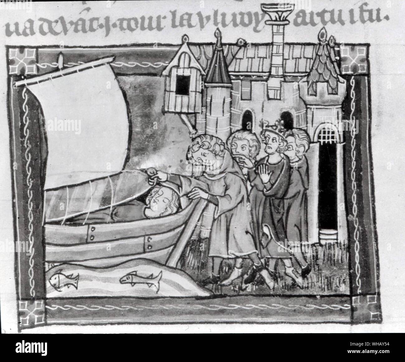 The Maid of Astolat. Arthur and his knights discover the dead body of Elaine of Astalot in a barge. Elaine of Astalot died of grief when Lancelot failed to return her love. Also known as the Lady of Shalott and referred to varyingly as Elaine the White and Elaine the Fair, she is the daughter of Bernard of Astolat.. . . Stock Photo