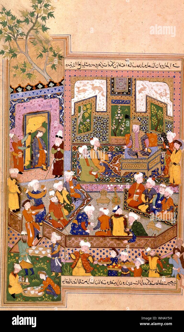 Ulugh Beg (1394-1449) dispensing justice at Khurasan. Miniature from a 15th century Shah nama 1486. From Samarkand by Wilfrid Blunt, page 173.. Stock Photo