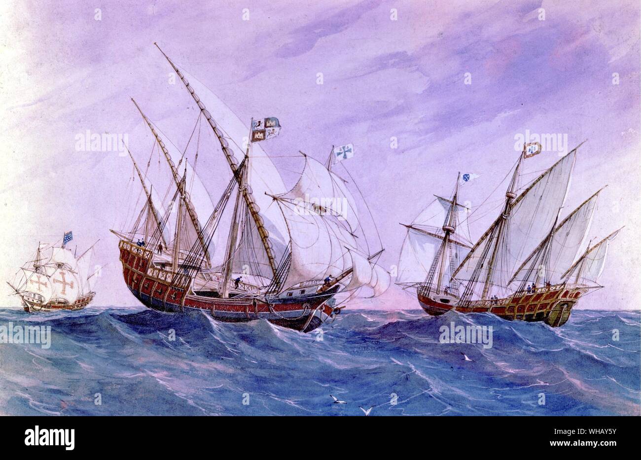 Spanish Caravels, 19th century. The Conquistadors by Hammond Innes, page 205.. The caravel was a small ship made of the common beachwood found on the shores of Europe. These ships had three masts, the mizzen carrying a lateen sail, while the fore and main were square rigged. Larger ones had a square rigged foremast, while the main, mizzen and bonaventure were lateen rigged. Christopher Columbus' Pinta and Nina were caravels. Also, Vasco Da Gama and other Portuguese explorers used the caravel to reach India via the Cape of Good Hope. Caravels were capable ships and ideal for the first voyages Stock Photo