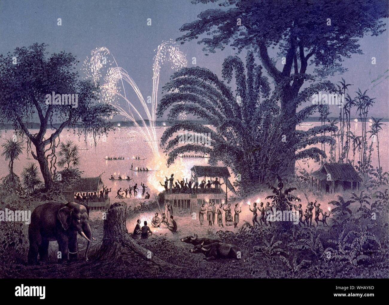 Firework display in Bassac from Atlas. The Oriental Adventure by Timothy Severin, page 167. . Stock Photo