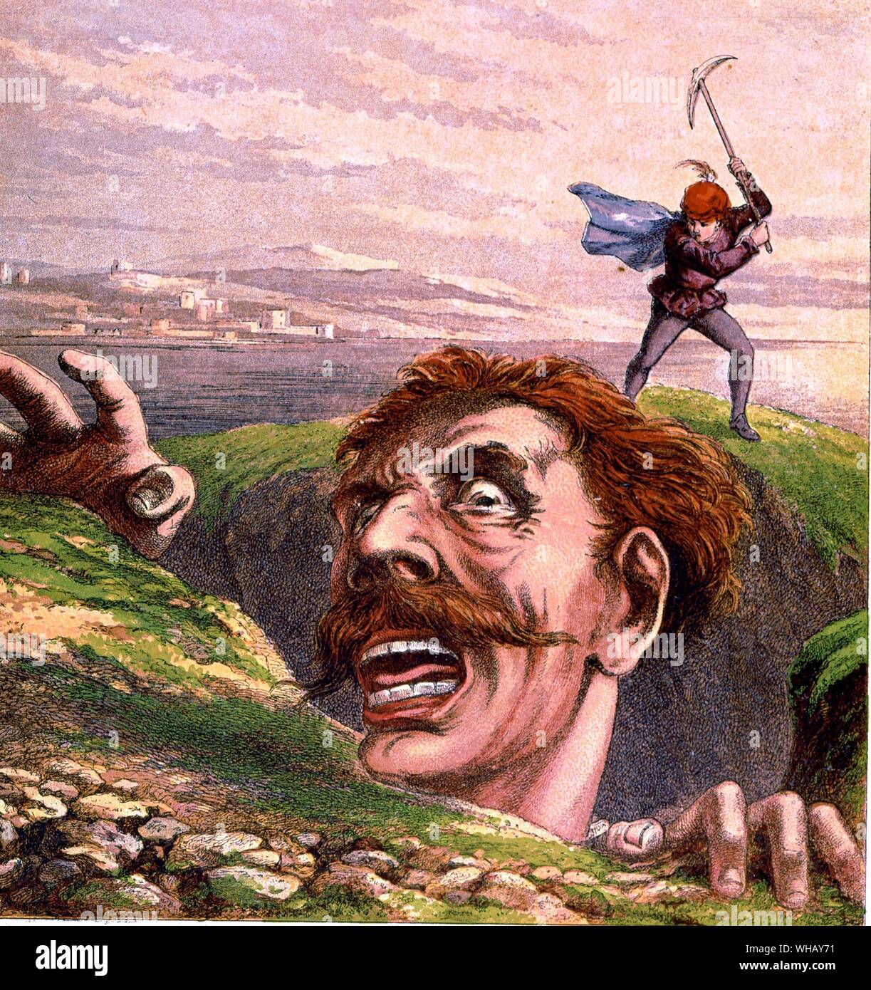 Jack dispatches the Cornish giant, from Jack the Giant Killer, 1872. The Classic Fairy Tales by Iona and Peter Opie, page 49. Stock Photo