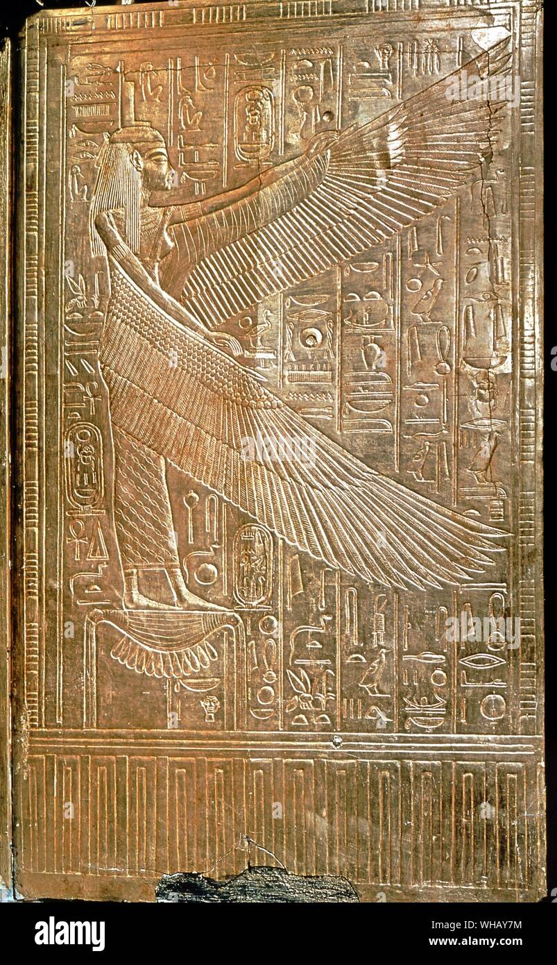 The Goddess Isis on one of the double doors of the gilt shrine reminiscent of a chapel of the South. Tukankhamen, by Christiane Desroches Noblecourt, page 18 and page 131. Stock Photo