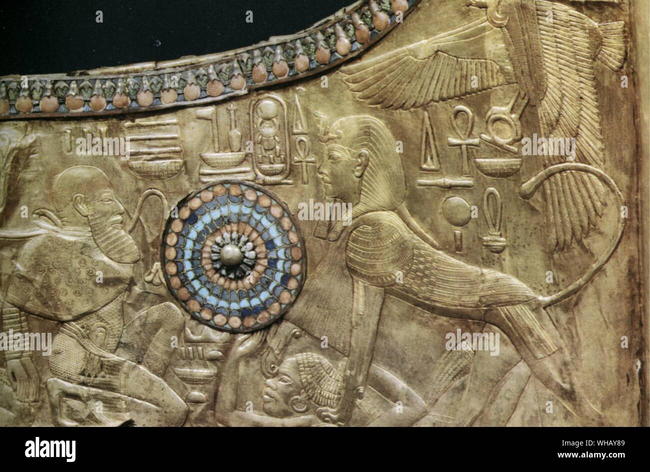 Detail from the inside of one of the panels of a state chariot. The king is shown as a sphinx trampling the enemies of Egypt underfoot. Tukankhamen, by Christiane Desroches Noblecourt, page 91. Stock Photo