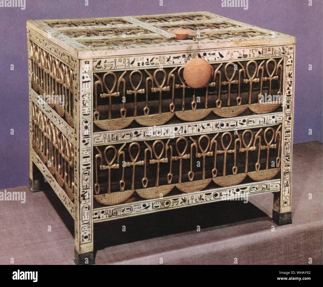 The coffer from the Treasury, divided inside into sixteen compartments. Wood and ivory with applied gold and silver. Tukankhamen, by Christiane Desroches Noblecourt, page 233. Stock Photo