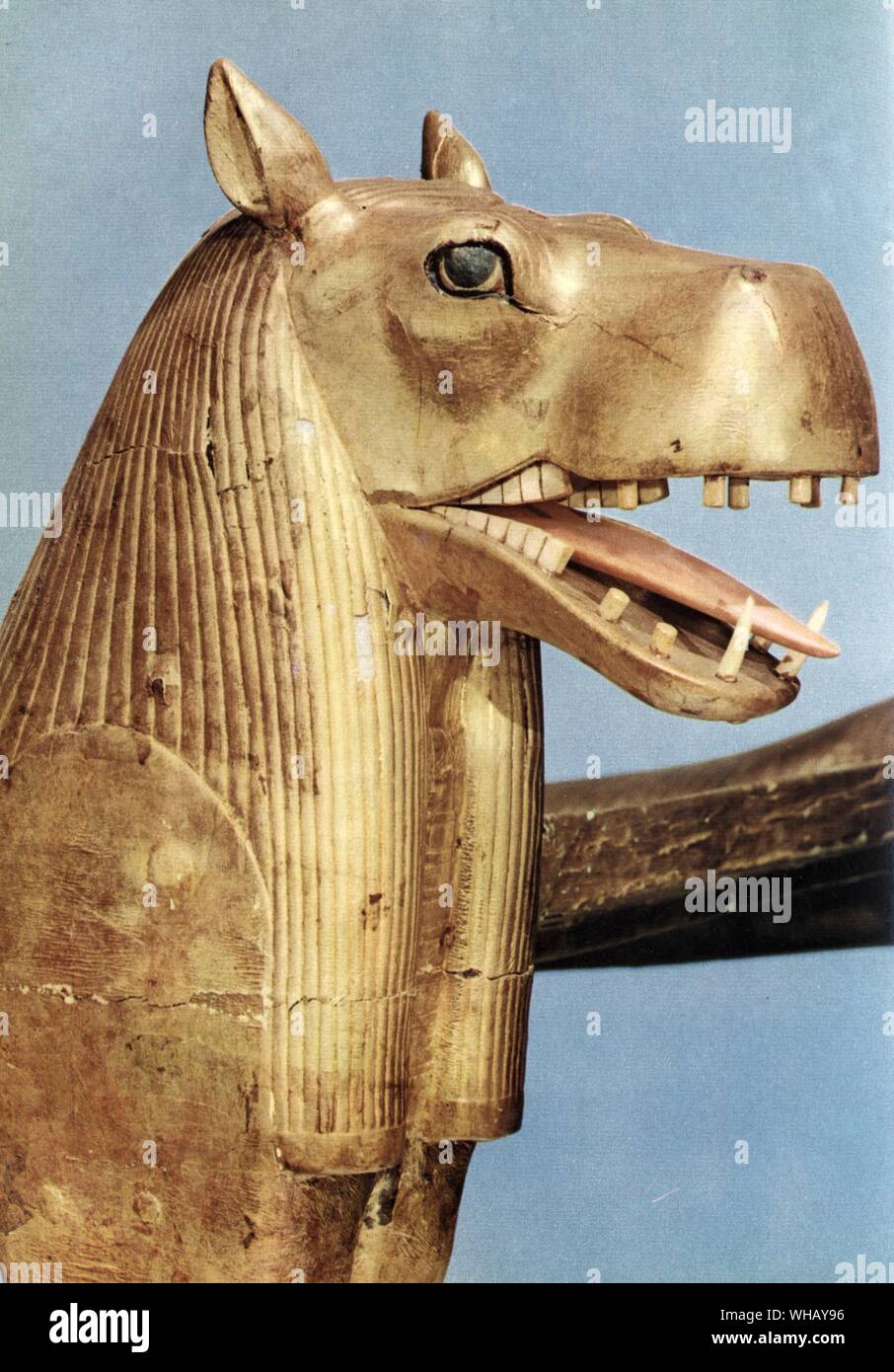 Head of a funeral couch in the form of the hippopotamus Goddess Tueris. Tukankhamen, by Christiane Desroches Noblecourt, page 150. Stock Photo