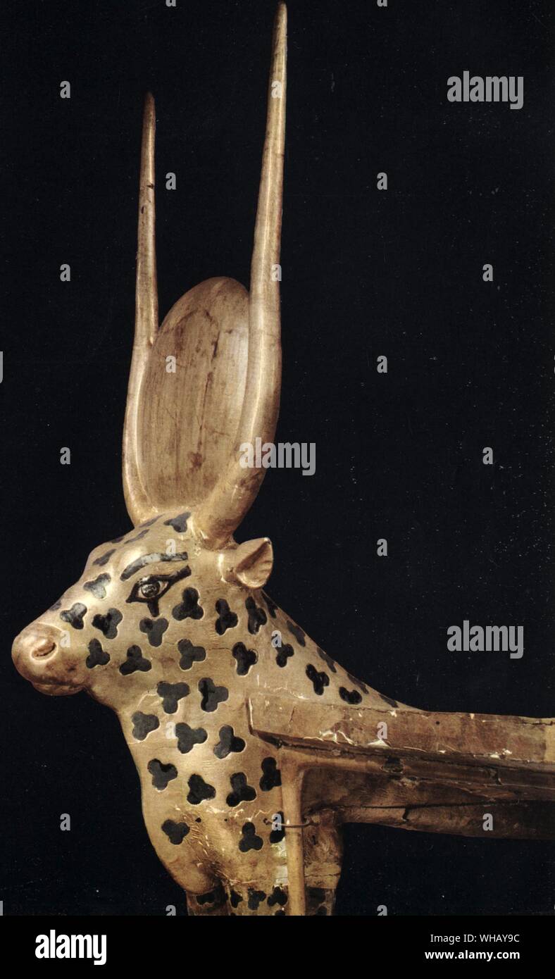 Head of a funeral couch in the form of the sacred cow. Tukankhamen, by Christiane Desroches Noblecourt, page 149. Stock Photo