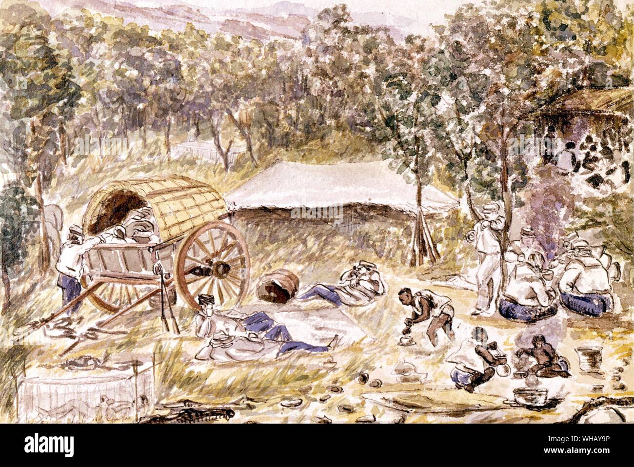 Missionary support party resting on the river bank. The African Adventure - A History of Africa's Explorers by Timothy Severin, page 213.. Evening Halt (on the journey to seek a road for the carriage of the Lady Nyassa from the falls of the lake) Stock Photo