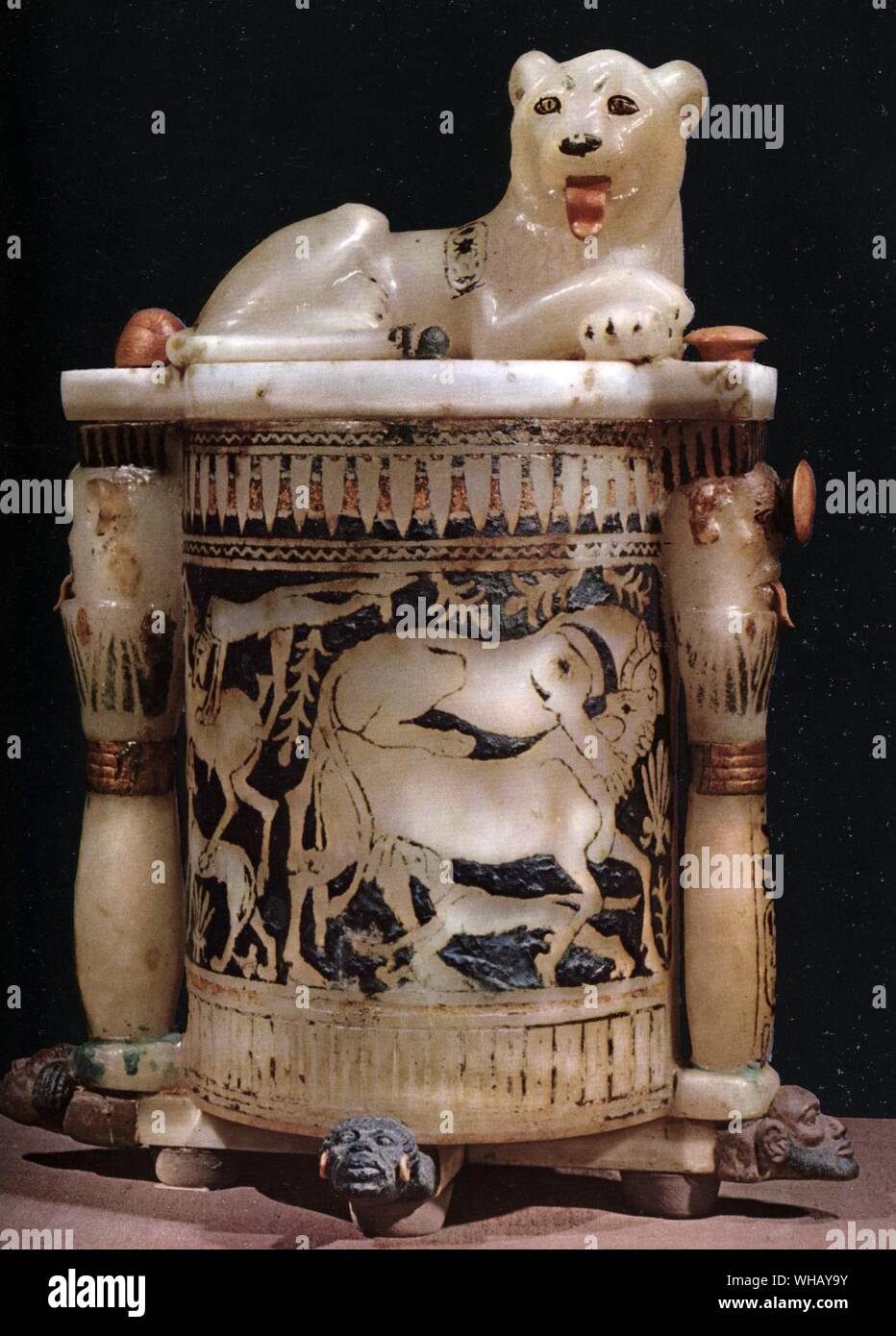 Unguent jar showing hunting scene, dominated by the figure of the King revealed as a lion. Painted alabaster. Tukankhamen, by Christiane Desroches Noblecourt, page 211. Stock Photo